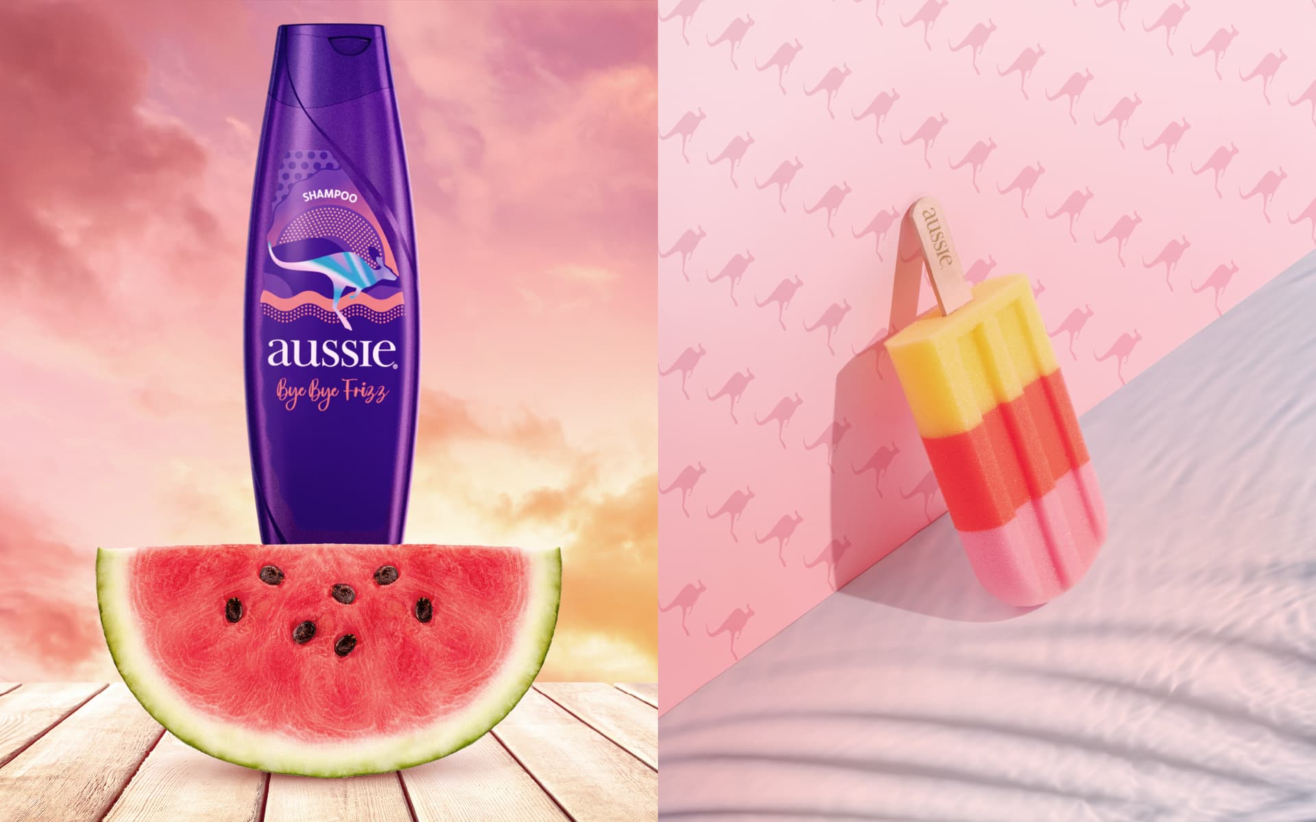 Envase Aussie sobre una sandía y paleta helada con palito de la marca sobre patrón de canguros.