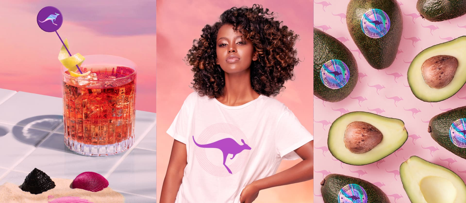 Trago con revolvedor de canguro, remera con el canguro estampado y aguacates con sellos Inspired in Australia de Aussie.