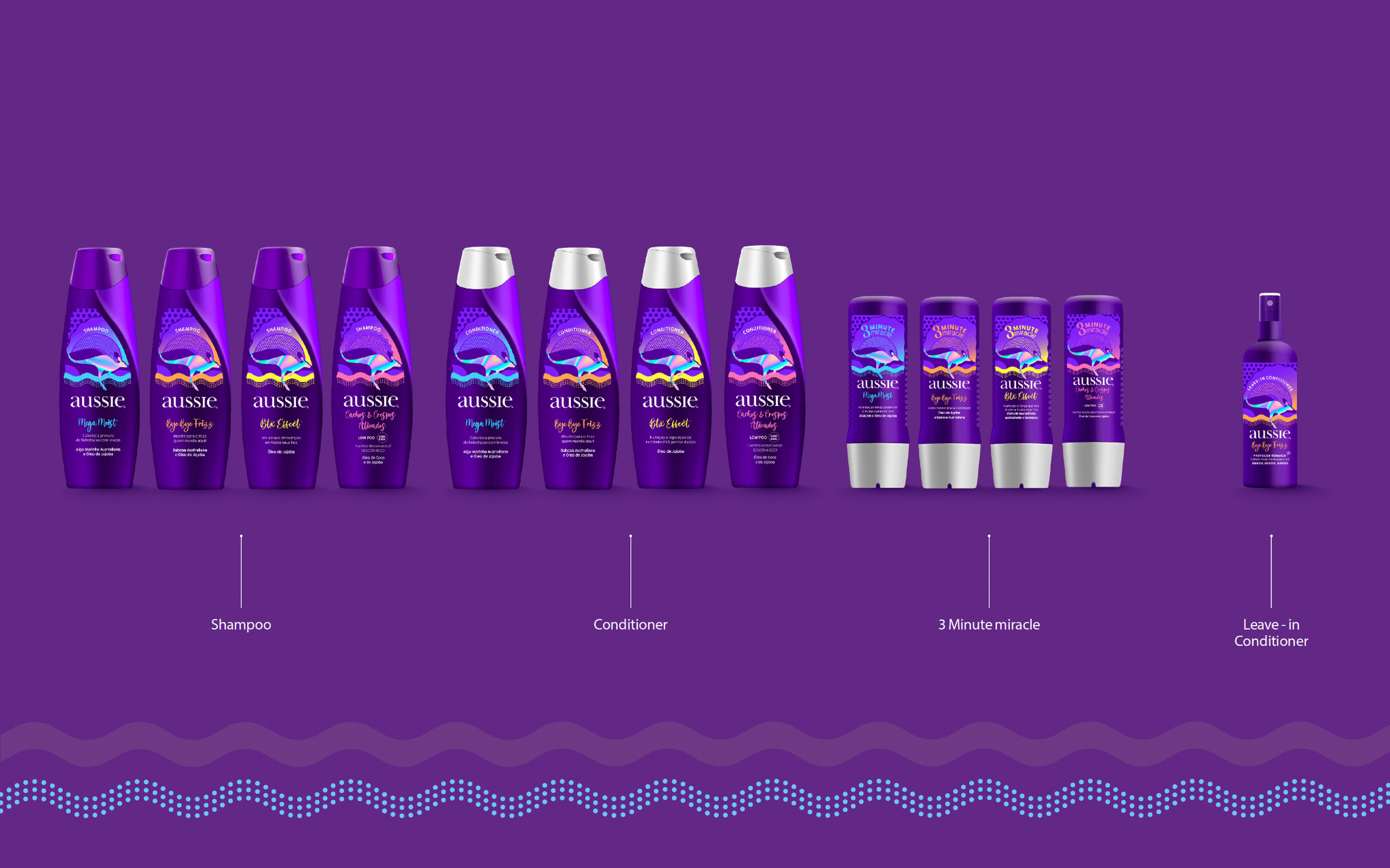 Línea completa de envases Aussie alineada por formato, de shampoo a leave-in.