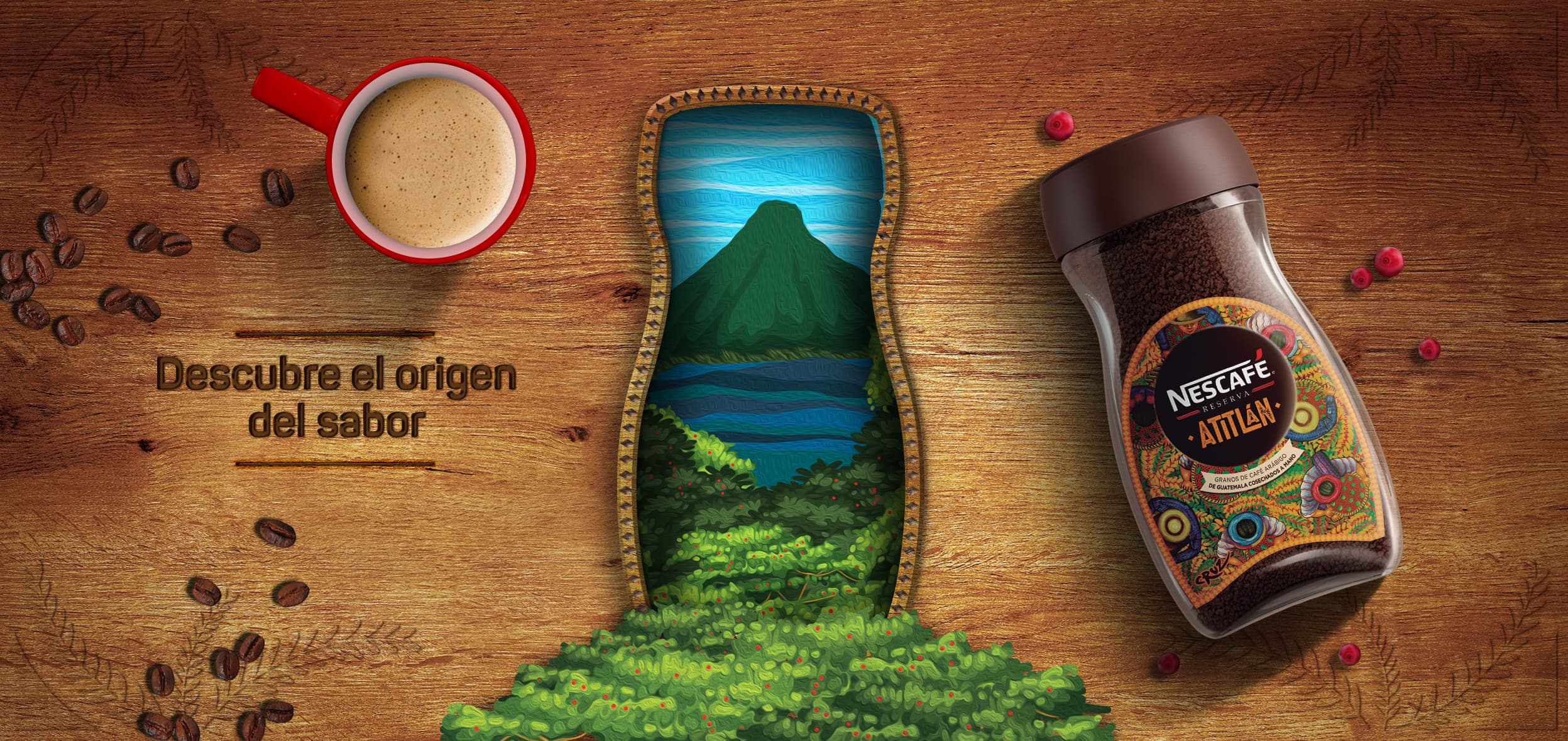 Key visual Descubre el origen del sabor com o vale de Atitlán dentro do contorno do frasco