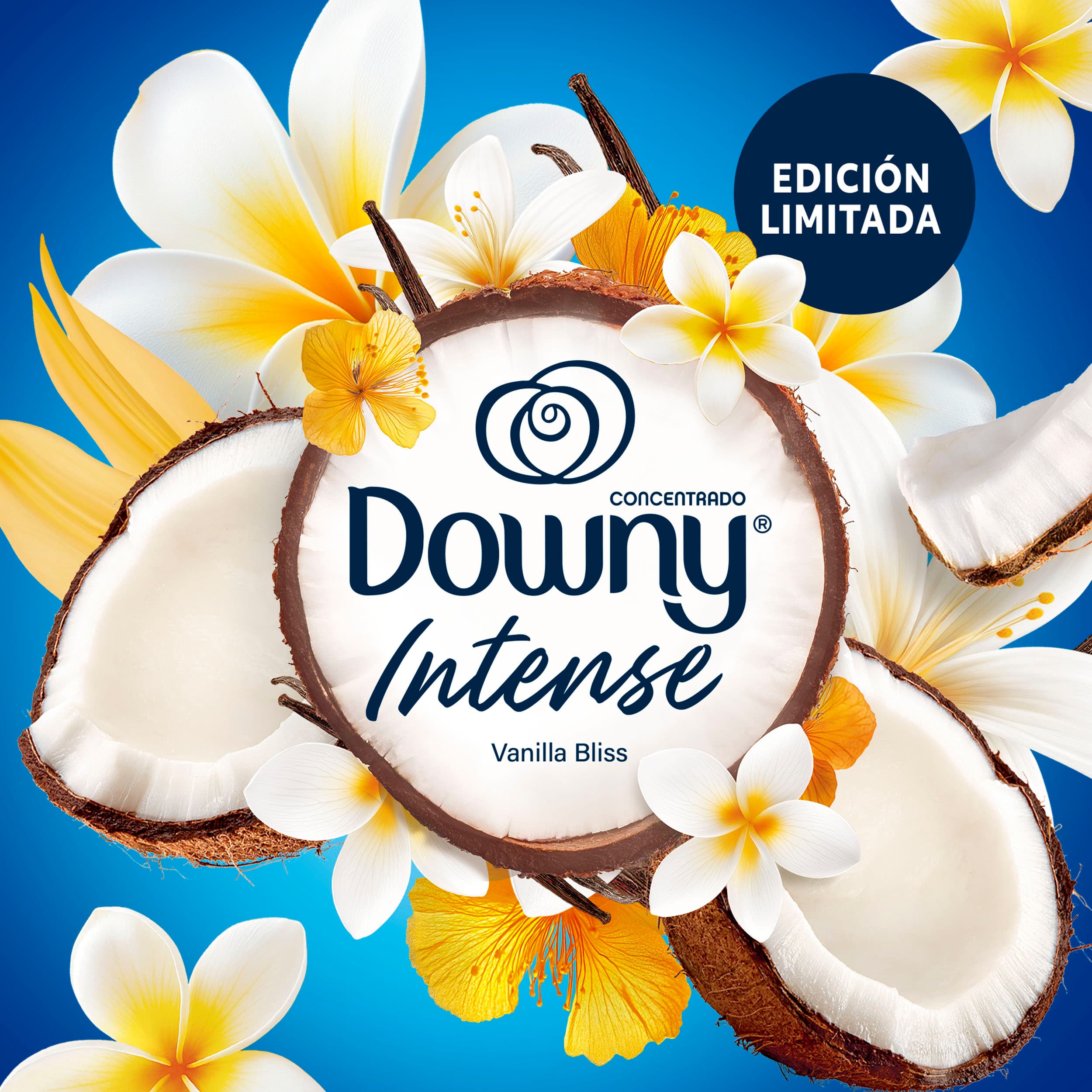 Logo de Downy Intense Vanilla Bliss dentro de um coco partido.