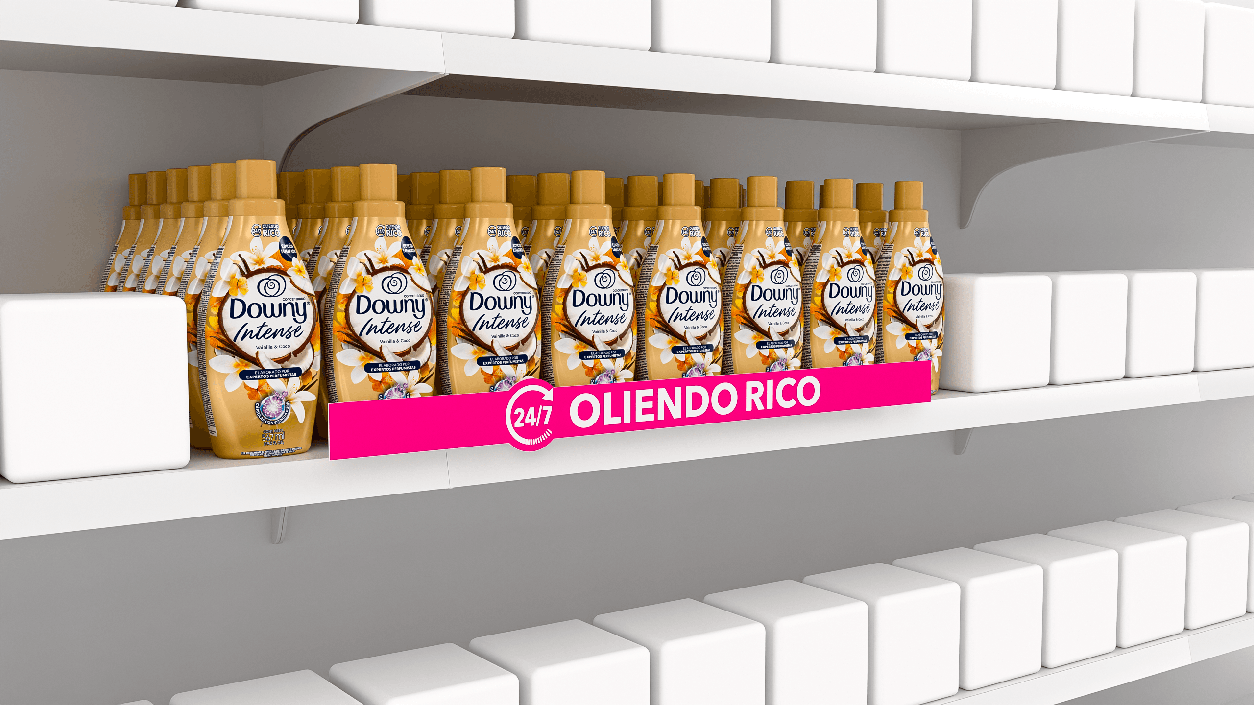 Cenefa 24/7 Oliendo Rico de Downy Intense Vanilla Bliss.