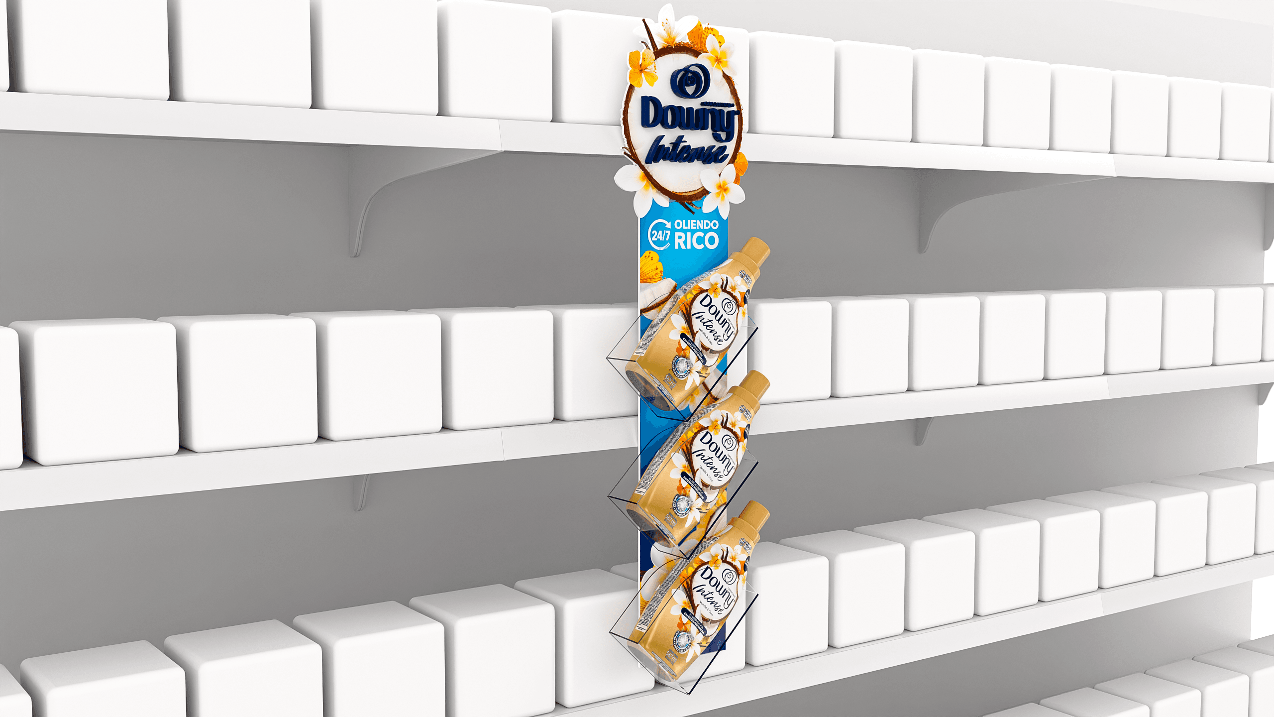 Clipstrip de Downy Intense Vanilla Bliss na gôndola.