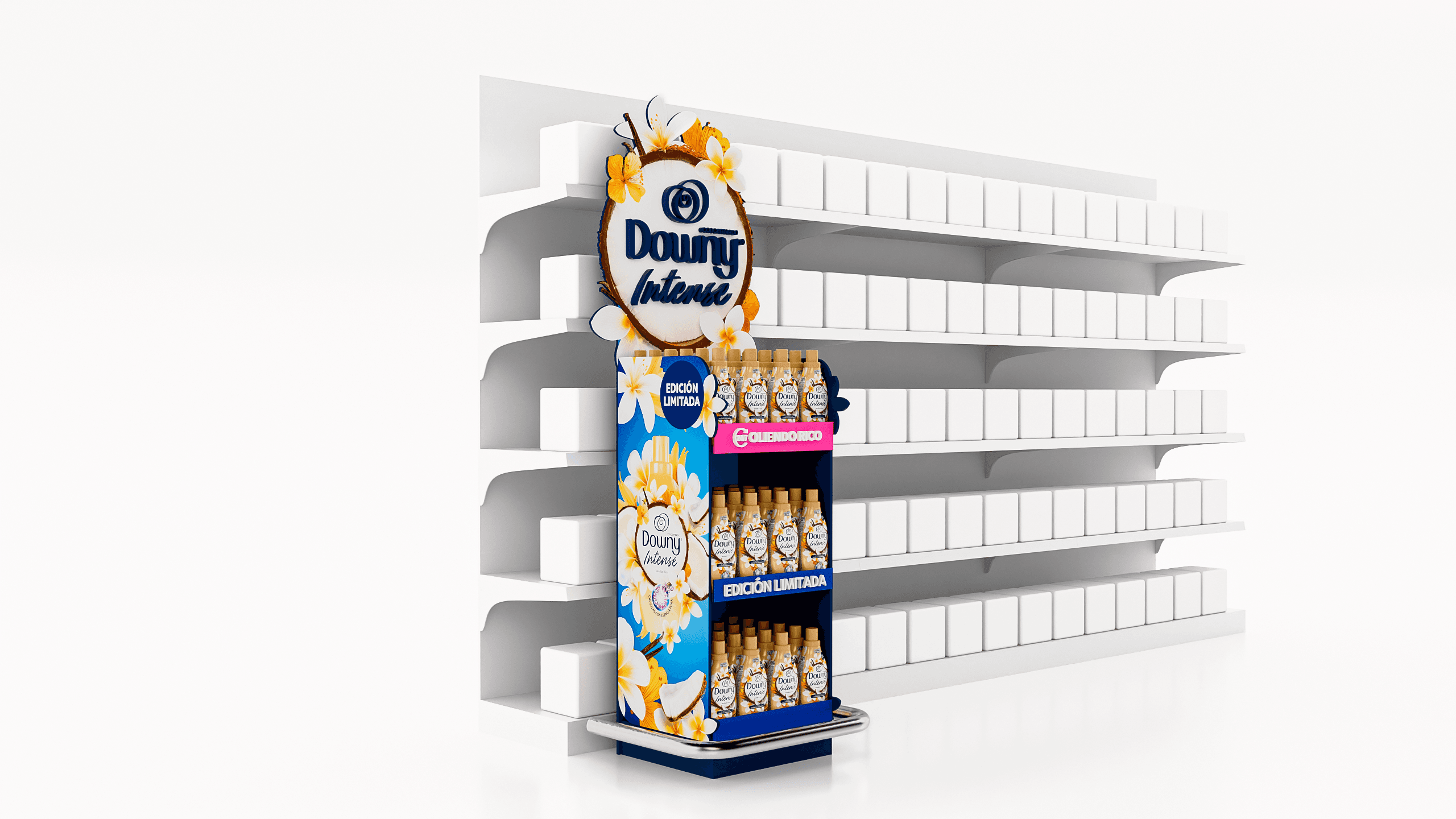 Floor Display de Downy Intense Vanilla Bliss na gôndola.