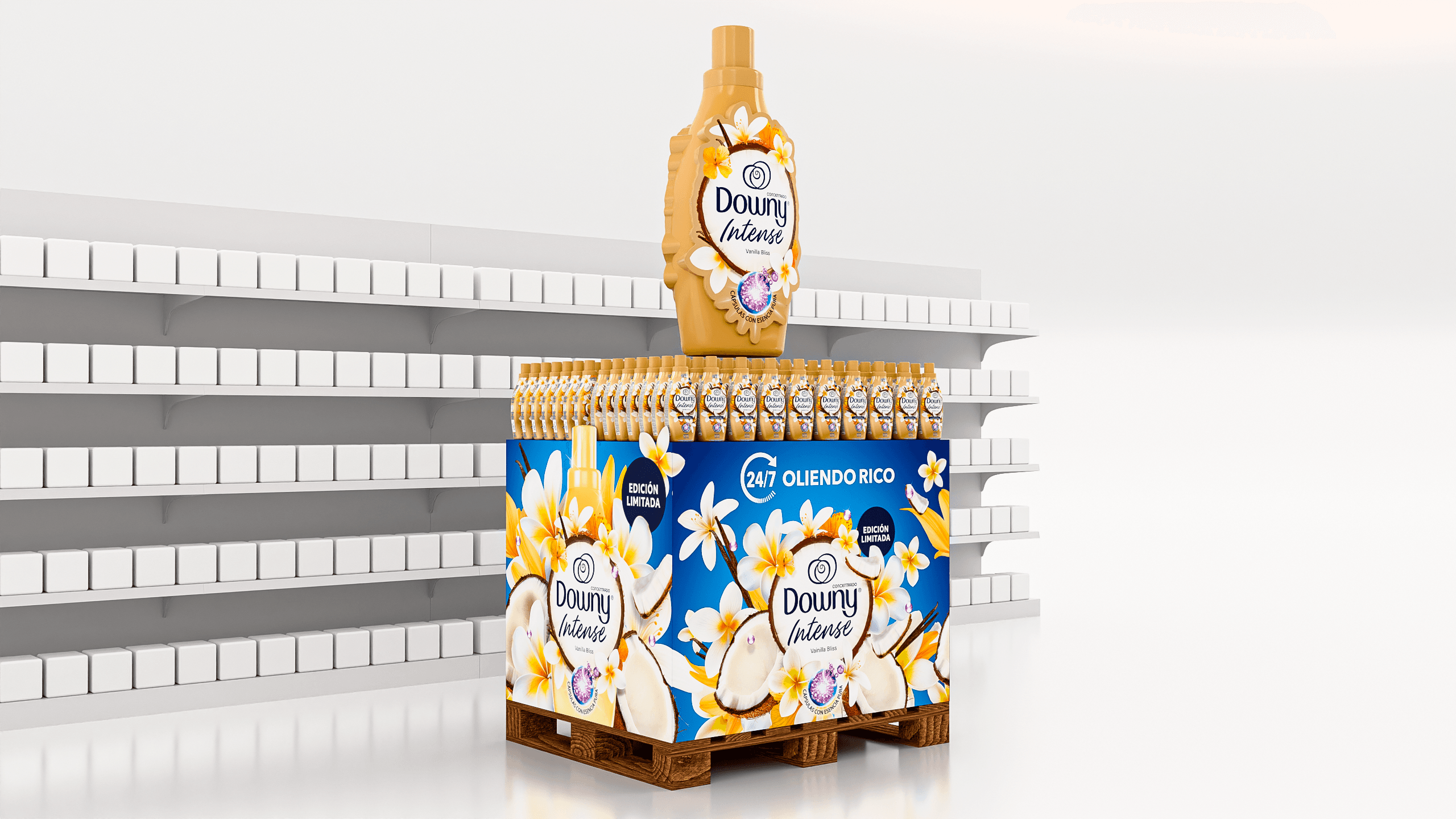 Ilha de Downy Intense Vanilla Bliss com garrafa inflável gigante.