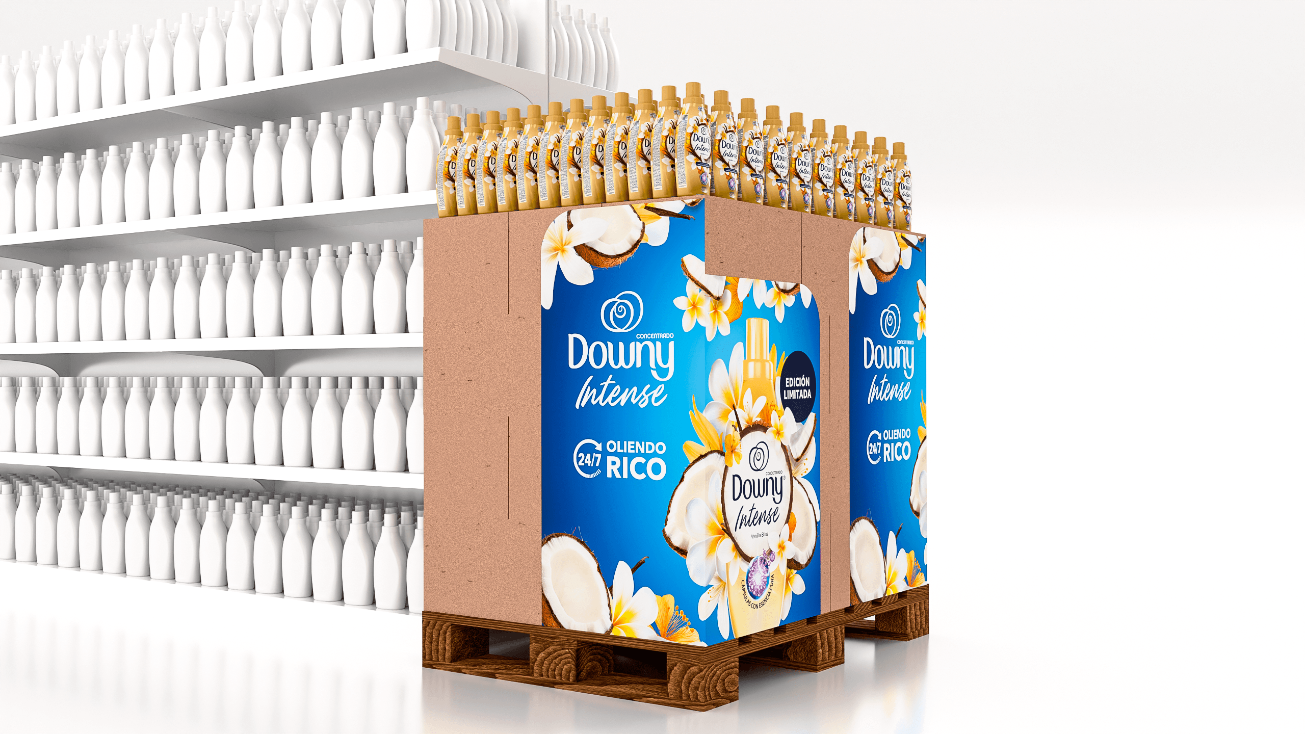 Pallet de esquina de Downy Intense Vanilla Bliss.