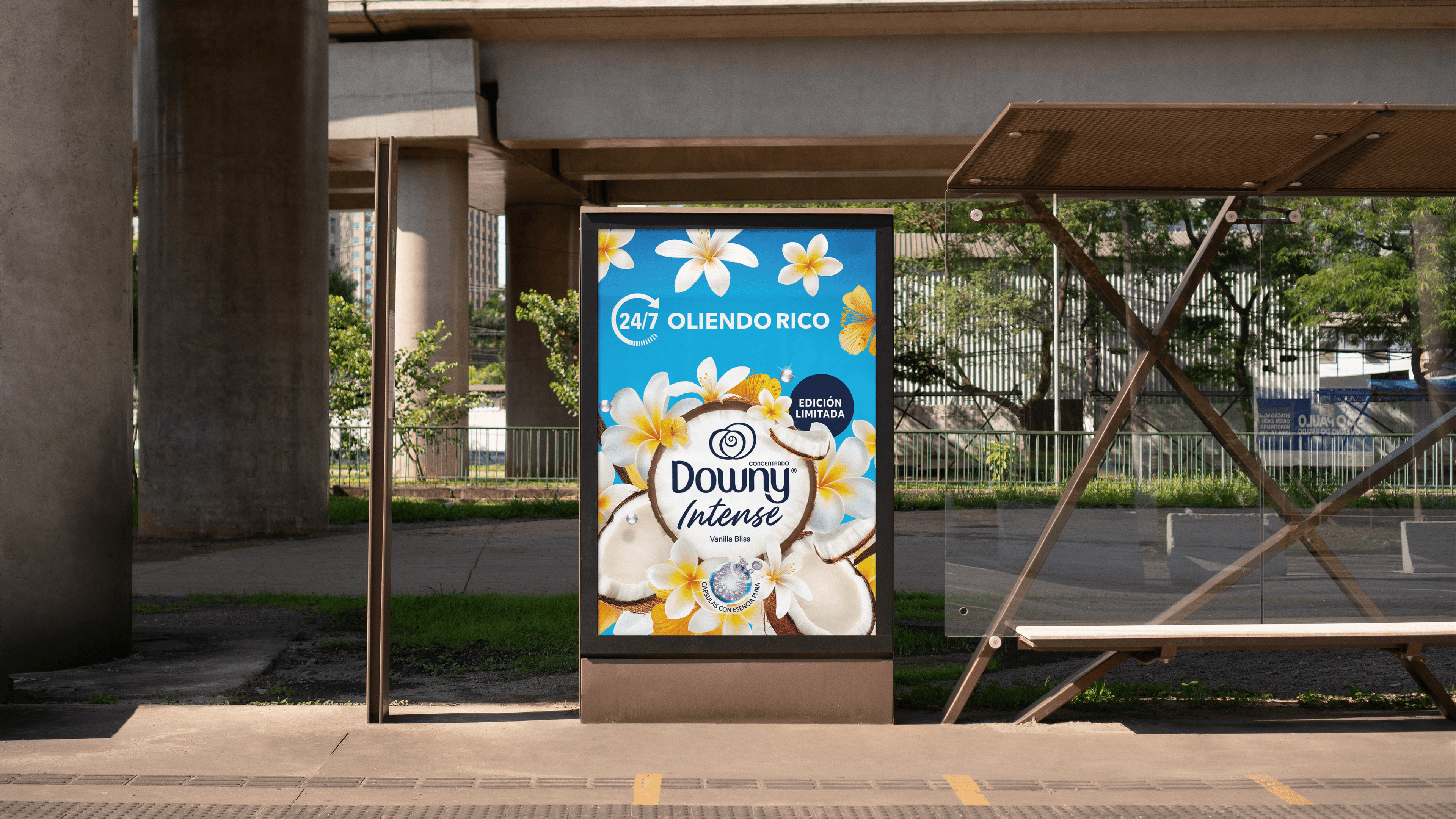 Abrigo de ônibus com cartaz de Downy Intense Vanilla Bliss.