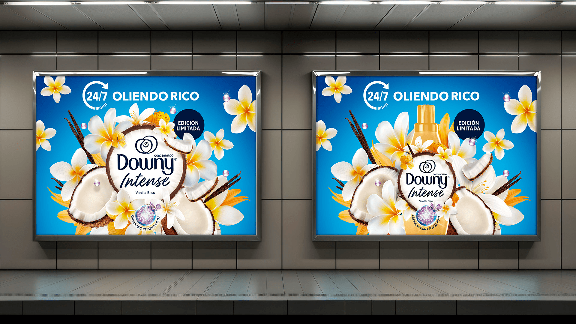 Painéis de Downy Intense Vanilla Bliss no metrô.