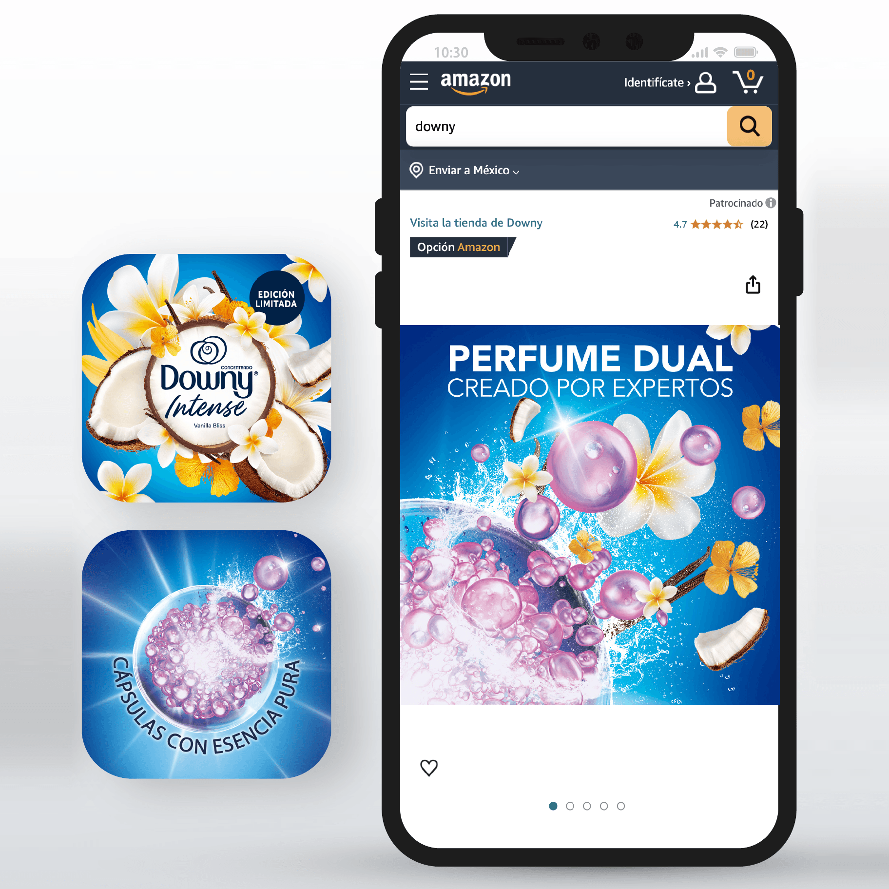 Vitrine de e-commerce de Downy Intense Vanilla Bliss no celular.