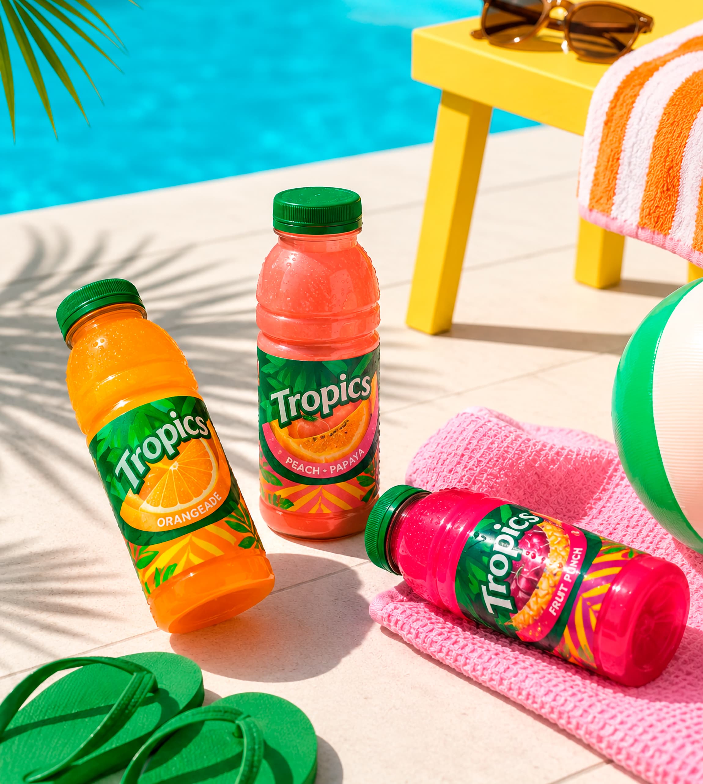 Botellas Tropics Orangeade y Peach Papaya al sol junto a la piscina